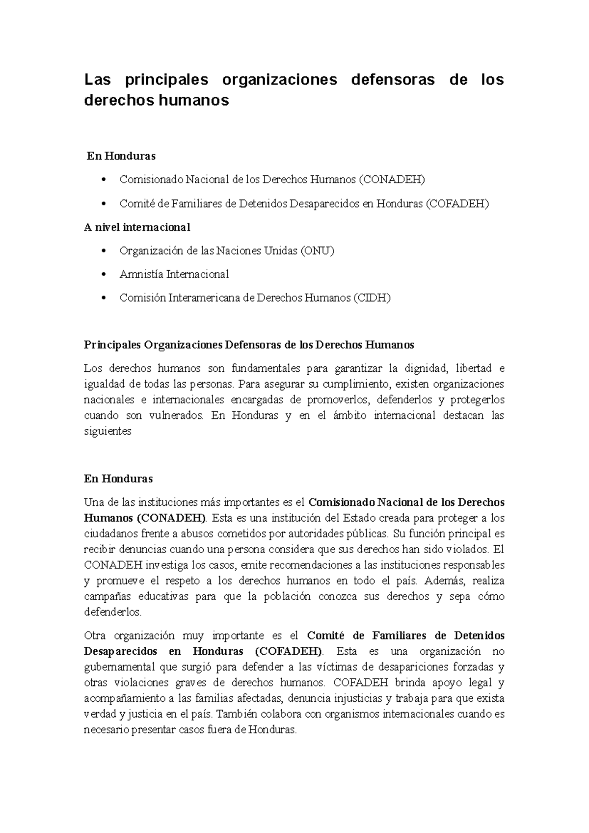 Organizaciones Defensoras de los Derechos Humanos en Honduras - Studocu