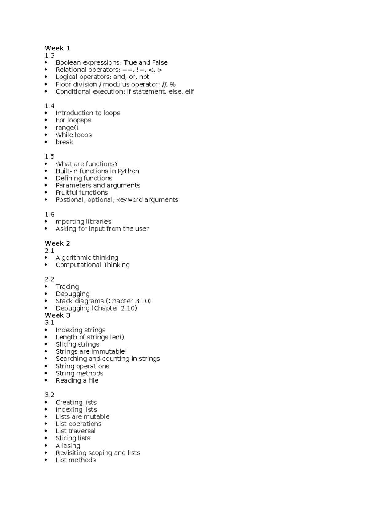 Python Onderwerpen: Week 1-7 Overview of Key Concepts and Functions ...