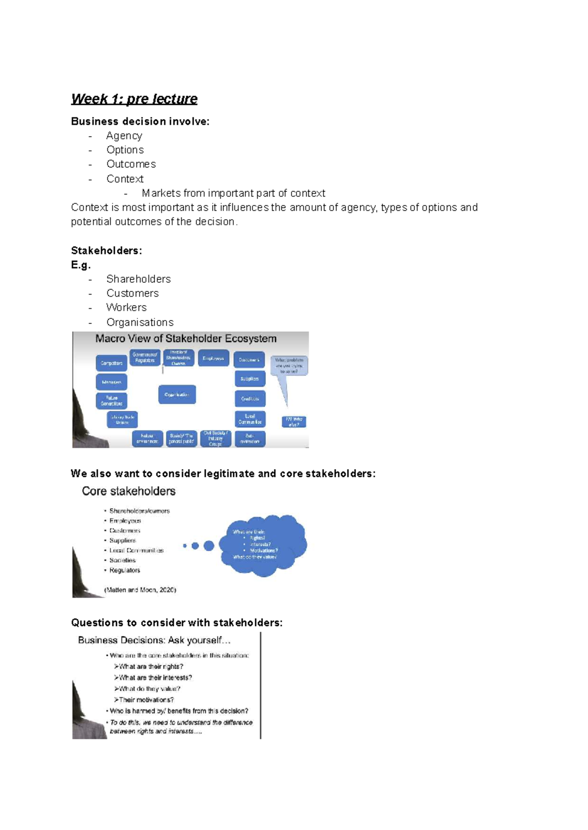 COMM 1100 T1: Week 1 Pre-Lecture & Lecture Notes on Business Decisions ...