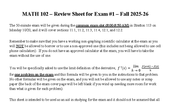 MATH 102 X1 Review Sheet & Solutions for Fall 2025-26 Exam - Studeersnel