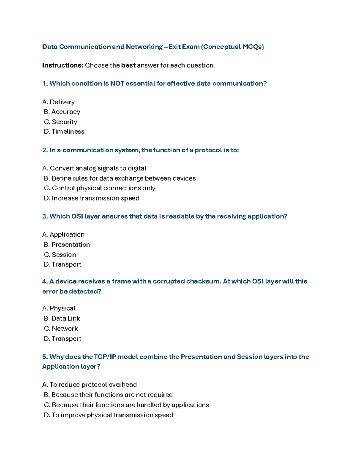 Data Communication and Networking Exit Exam (Conceptual MCQs) - Studocu