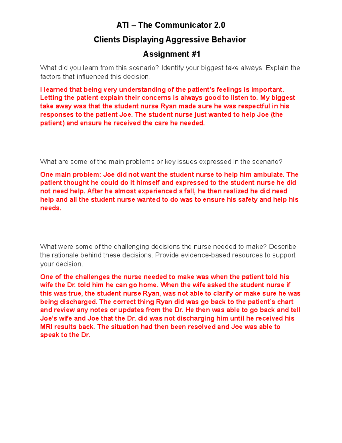 ATI - Assignment on Addressing Clients with Aggressive Behavior - Studocu