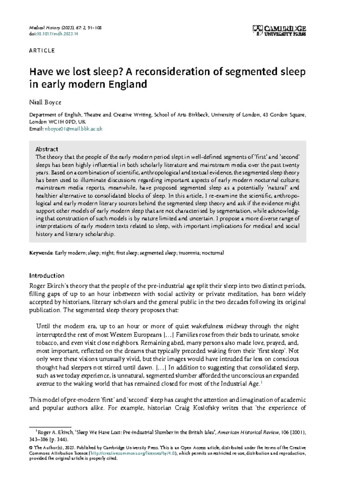 Reconsidering Segmented Sleep in Early Modern England (ENG 103) - Studocu