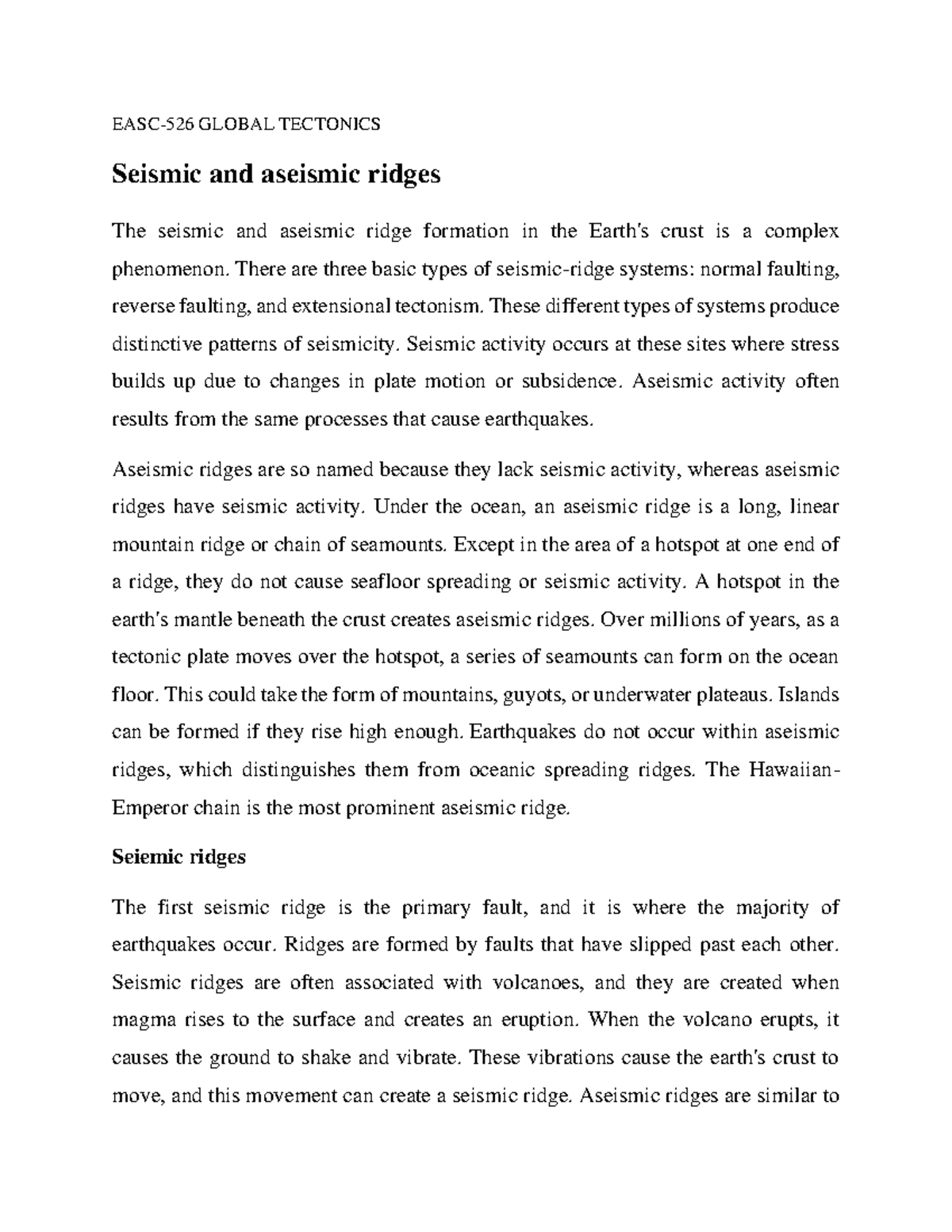 EASC-526 Seismic and Aseismic Ridges: Tectonic Formation Insights - Studocu