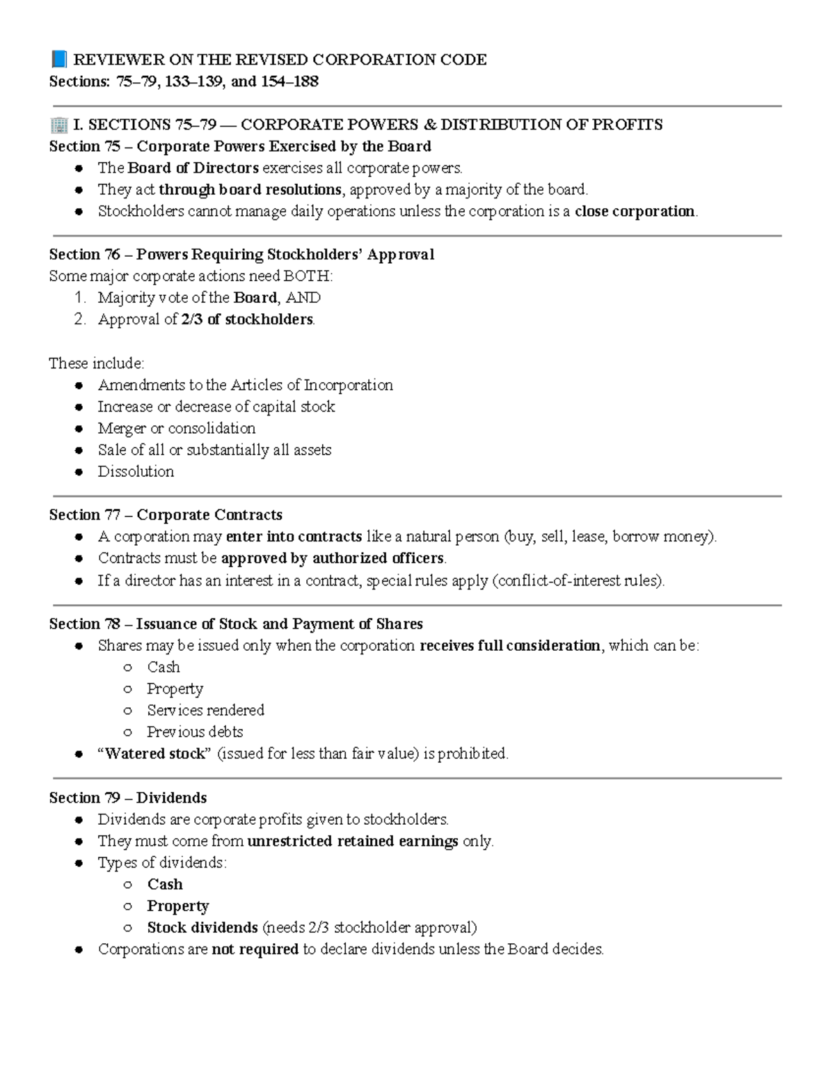 REVIEWER ON REVISED CORPORATION CODE (Sections 75-79) - Studocu