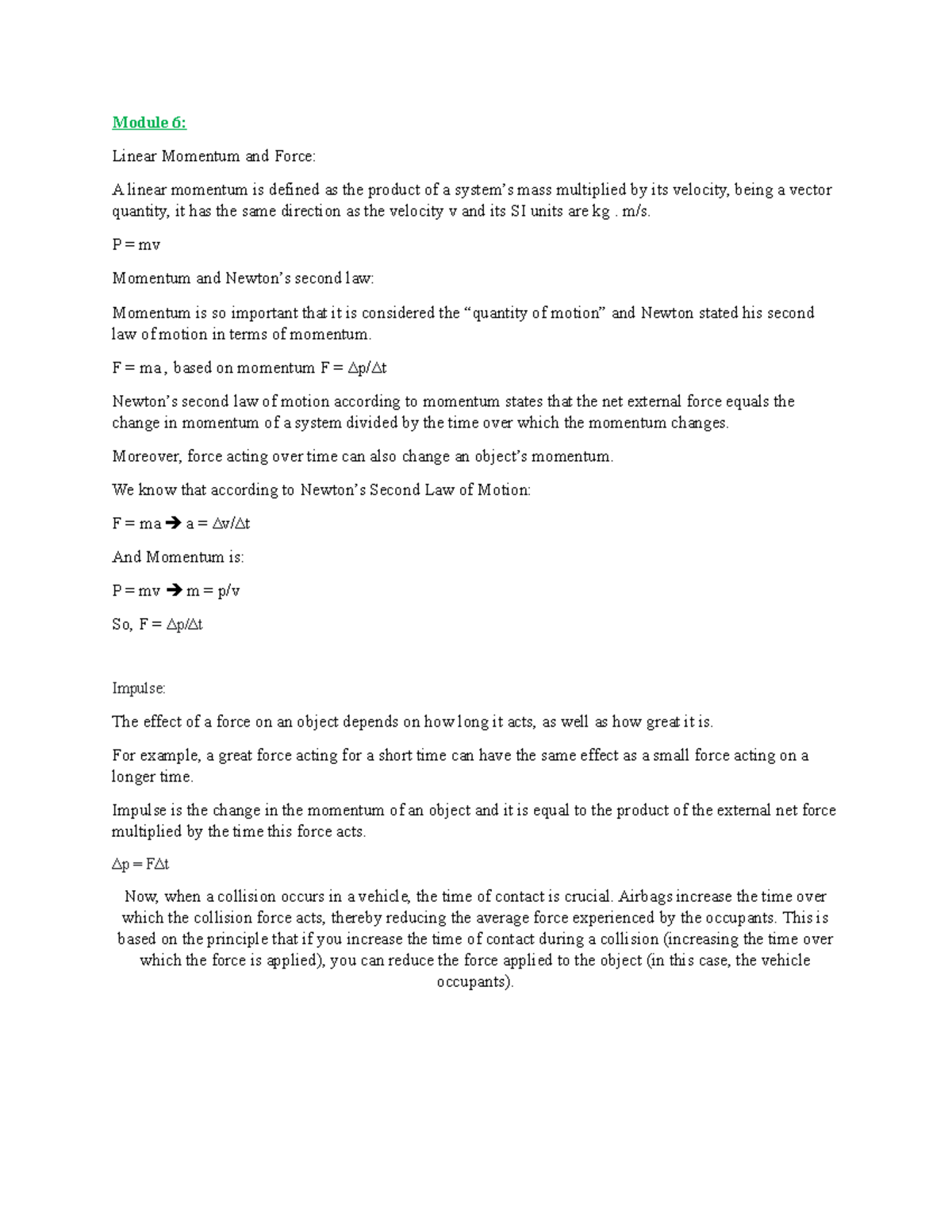 PHYS 101 - Lecture Notes on Linear Momentum and Force Concepts - Studocu