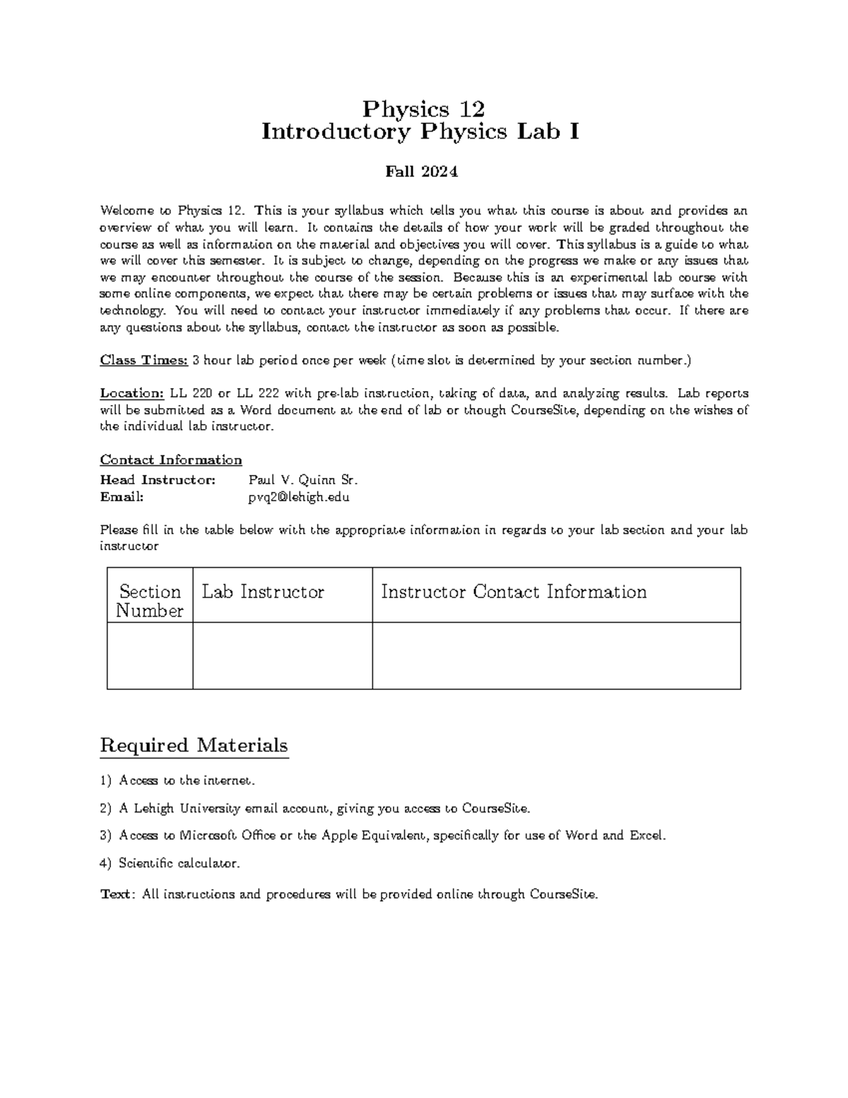 Physics 12 Lab Syllabus: Introductory Physics I Fall 2024 - Studocu