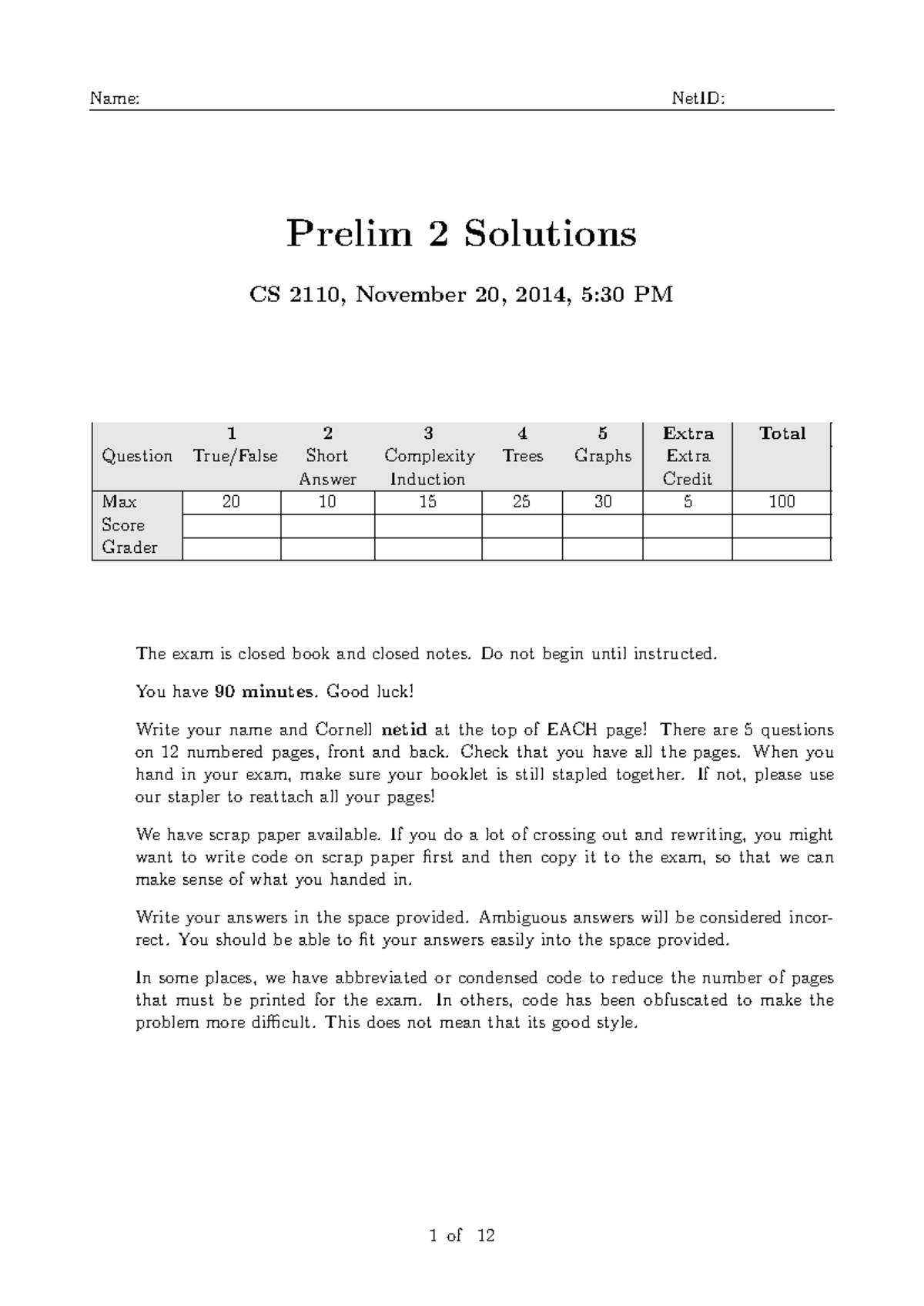 P2CS2110 - Prelim 2 Solutions with Detailed Explanations and Scores ...