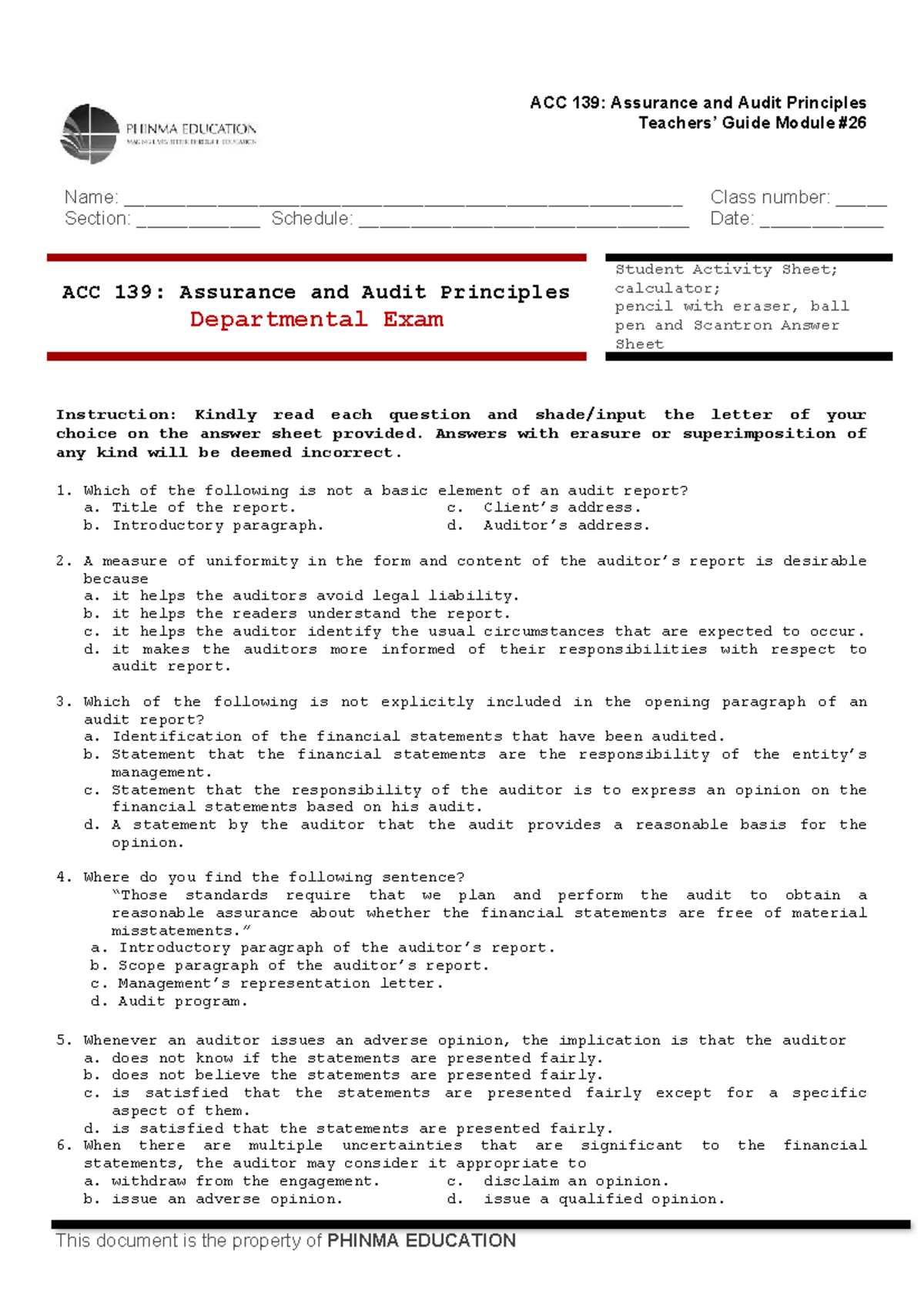 ACC 139: Assurance and Audit Principles Final Exam Study Guide - Studocu