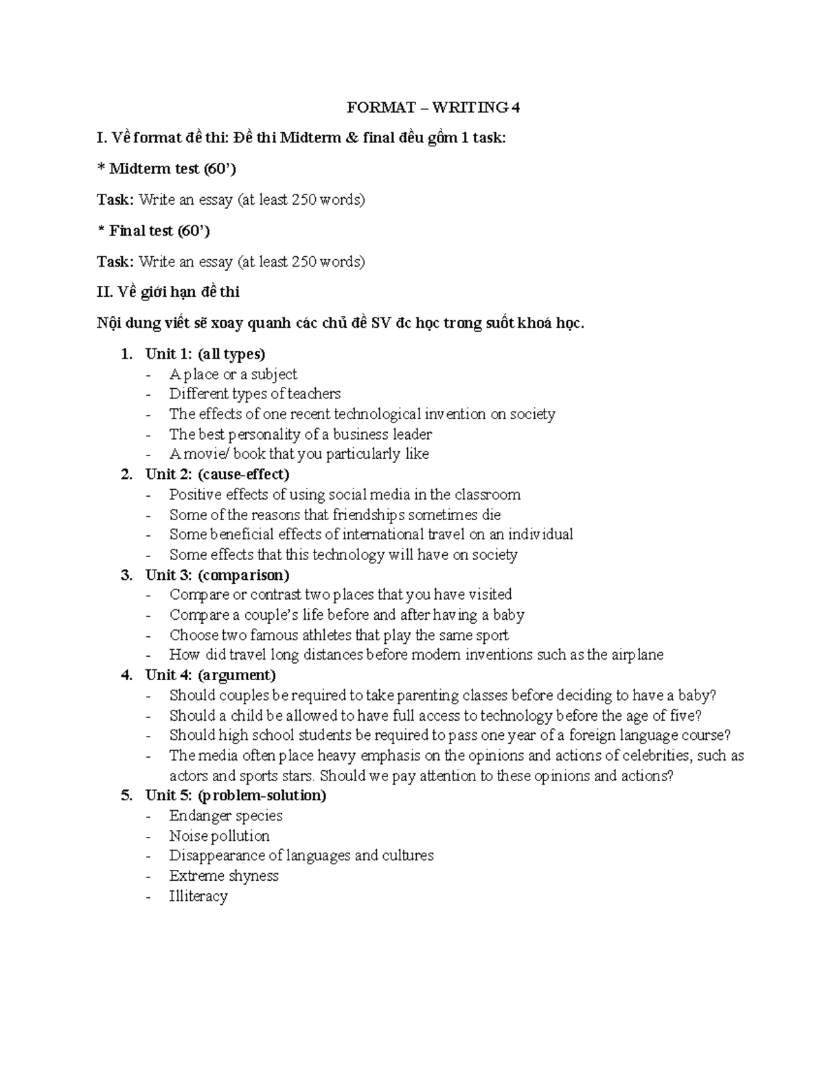 W4 - Writing TEST Format-New- 25-02-2025 - FORMAT – WRITING 4 I. Về ...
