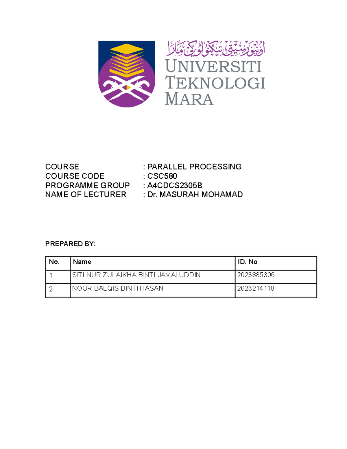 Parallel Processing Assignment: CSC580 - A4CDCS2305B - Studocu