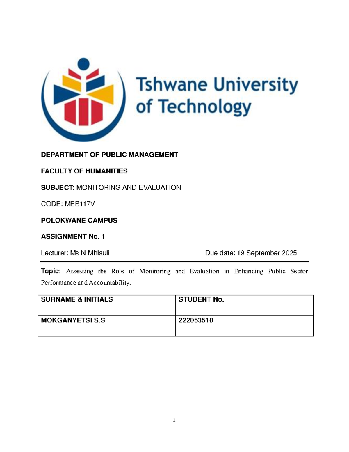 MEB117V Assignment 1: Enhancing Public Sector Performance through M&E ...