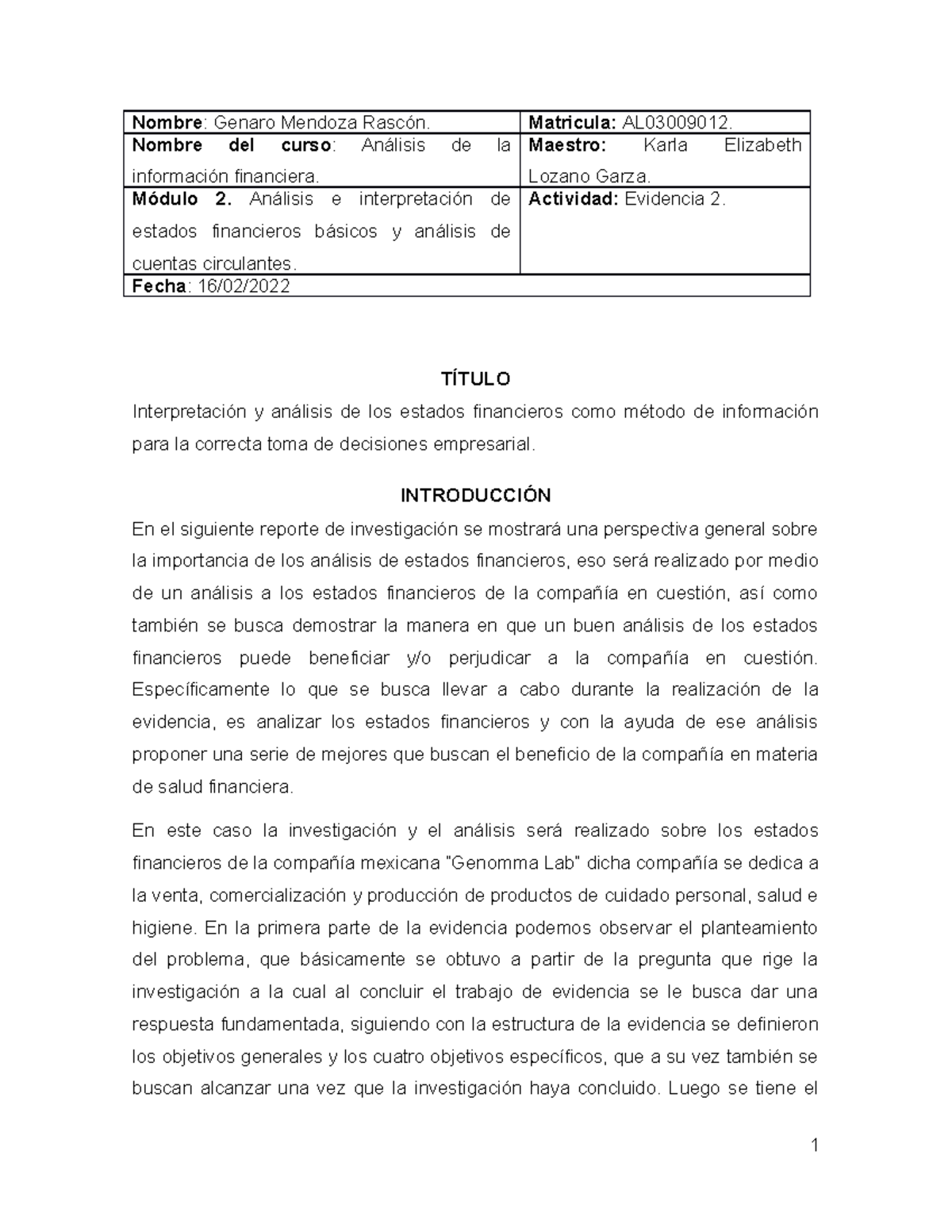 Evidencia 2: Análisis Financiero y Toma de Decisiones (AL03009012 ...
