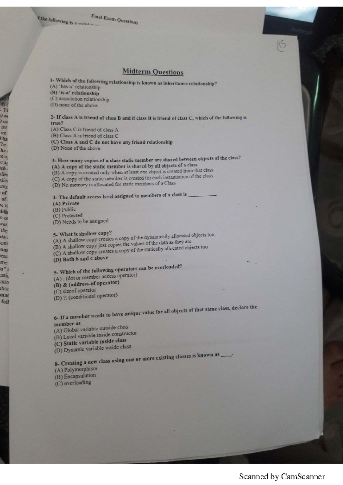 OOP 101 Midterm Exam MCQs - Comprehensive Practice Questions - Studocu
