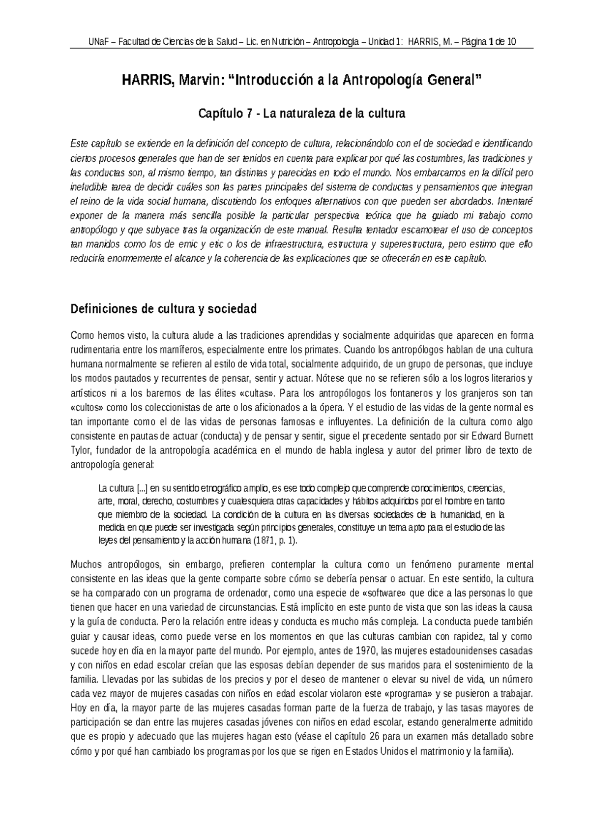 Capítulo 7: La Naturaleza de la Cultura en Antropología General (Harris, Intr. A.A.) - Document Preview