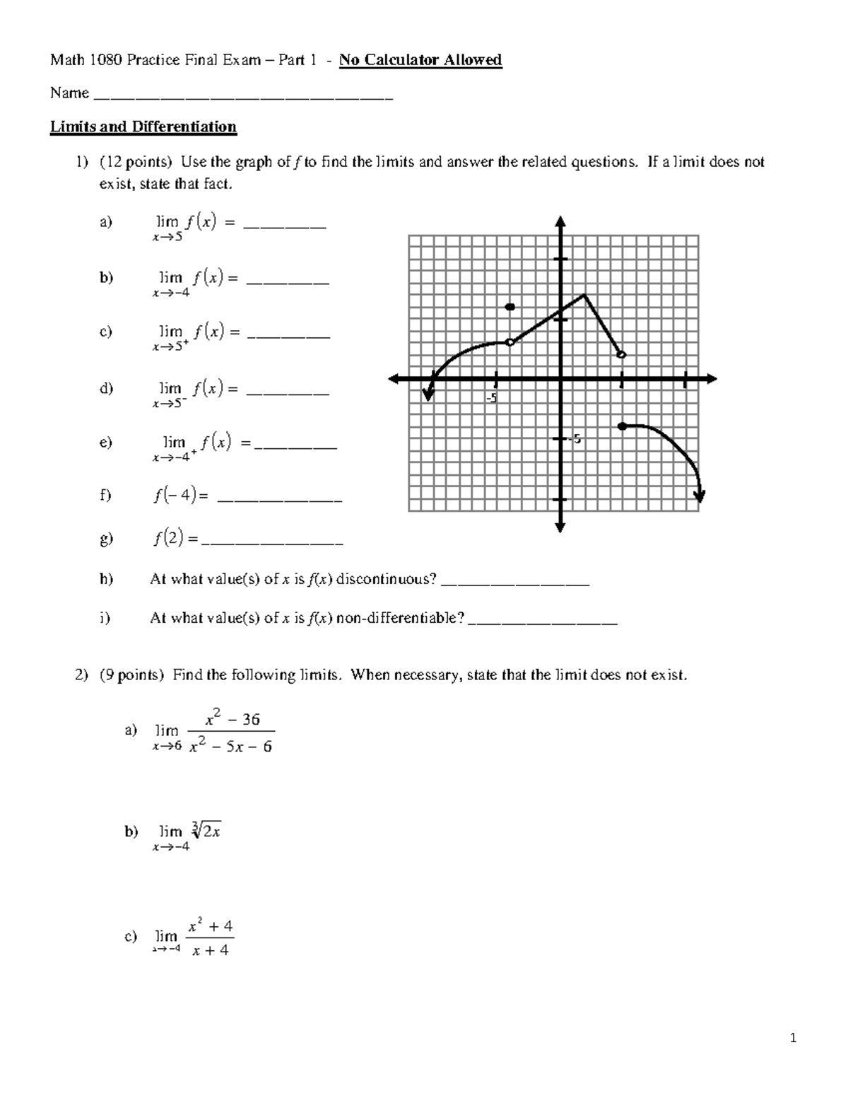Math 1080 Practice Final Exam – Limits, Differentiation & Integration ...