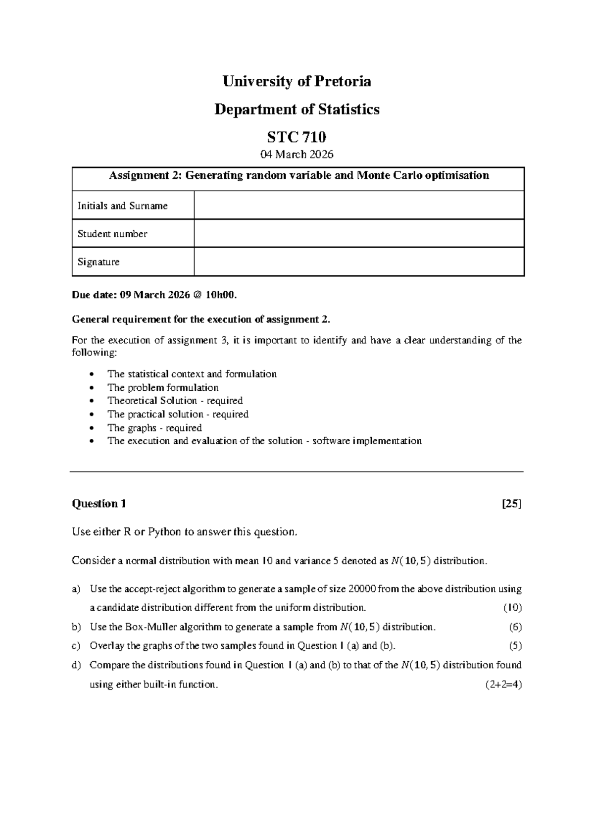 STC 710 Assignment 2: Random Variables & Monte Carlo Optimization - Studocu