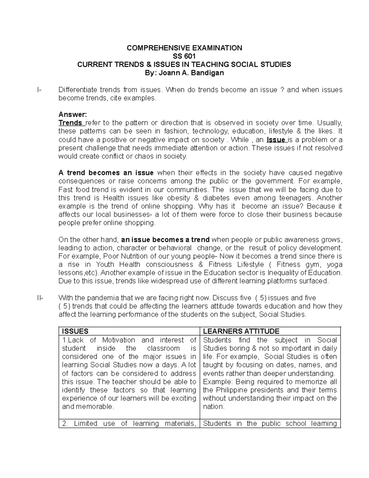 CURRENT TRENDS & ISSUES IN TEACHING SOCIAL STUDIES SS 601 - Studocu