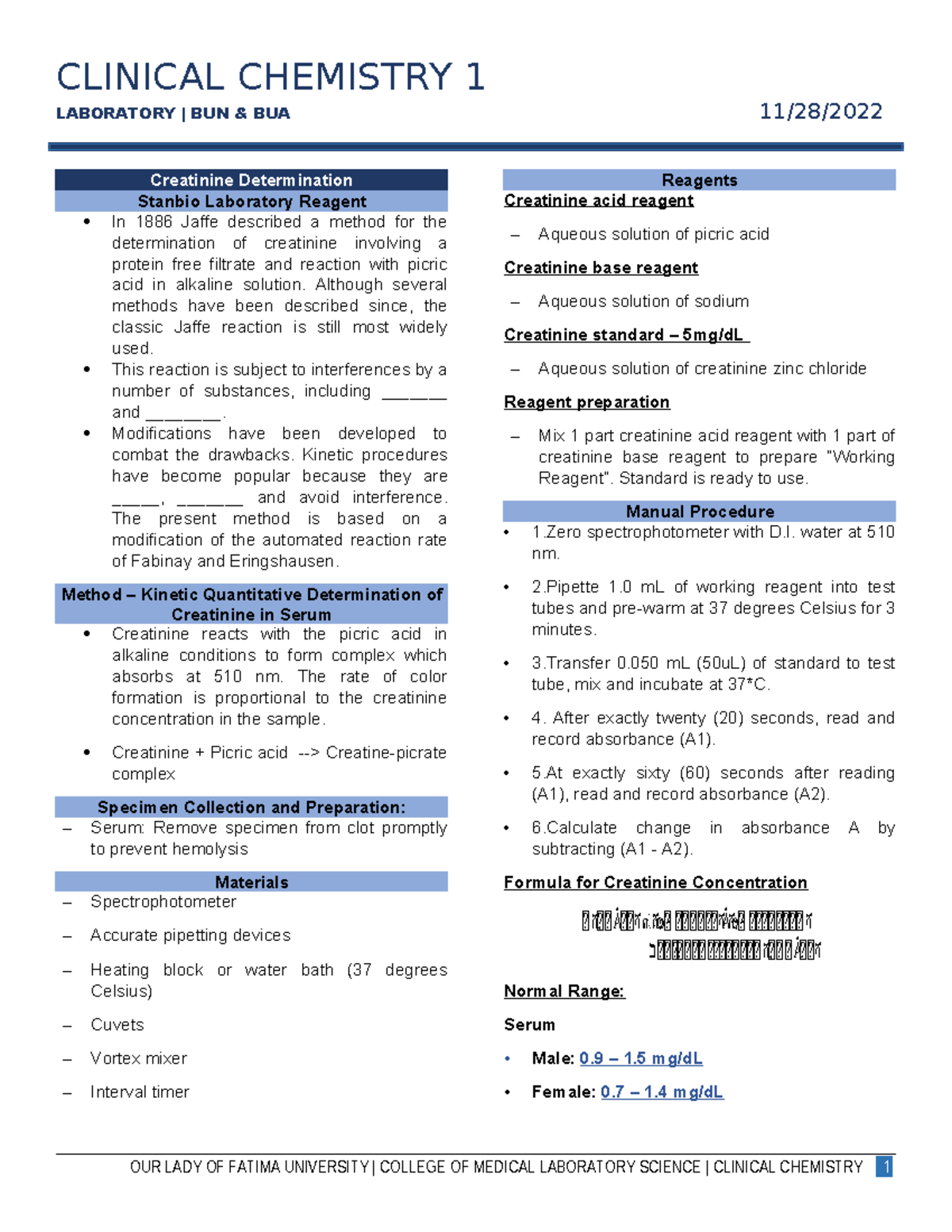 CCHM-WEEK 15-Laboratory Methods for Creatinine Determination - Studocu