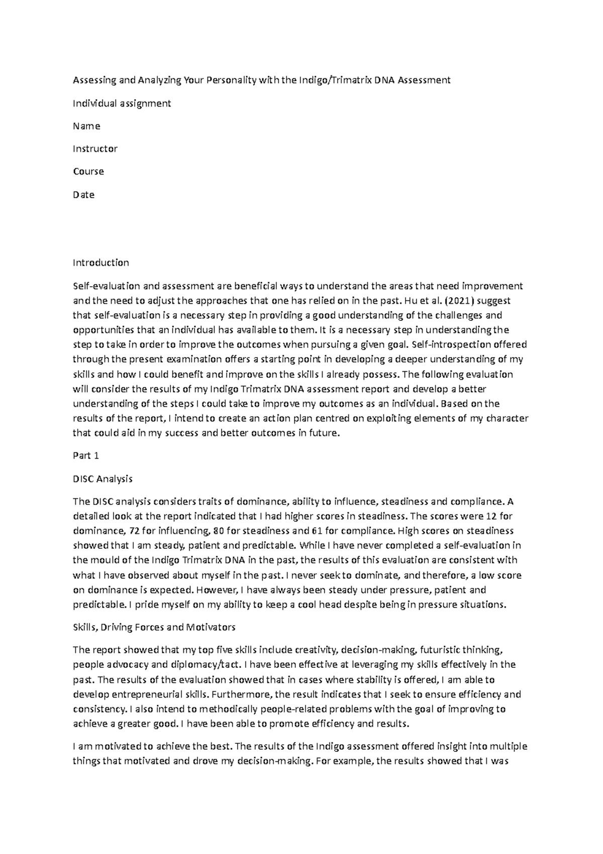Indigo/Trimatrix DNA Assessment Report Analysis and Insights - Studocu