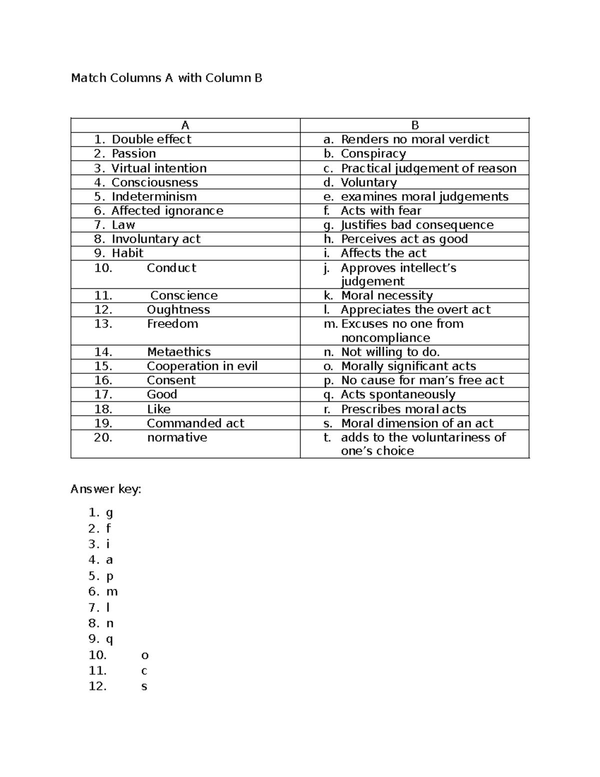 Ethics Midterms: Match Columns A with B for Key Concepts - Studocu
