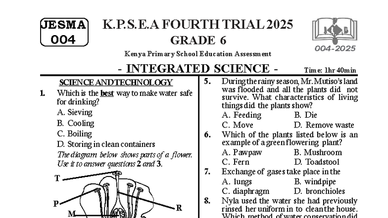 JESMA 004 GRADE 6 INTEGRATED SCIENCE FOURTH TRIAL 2025 - Studocu