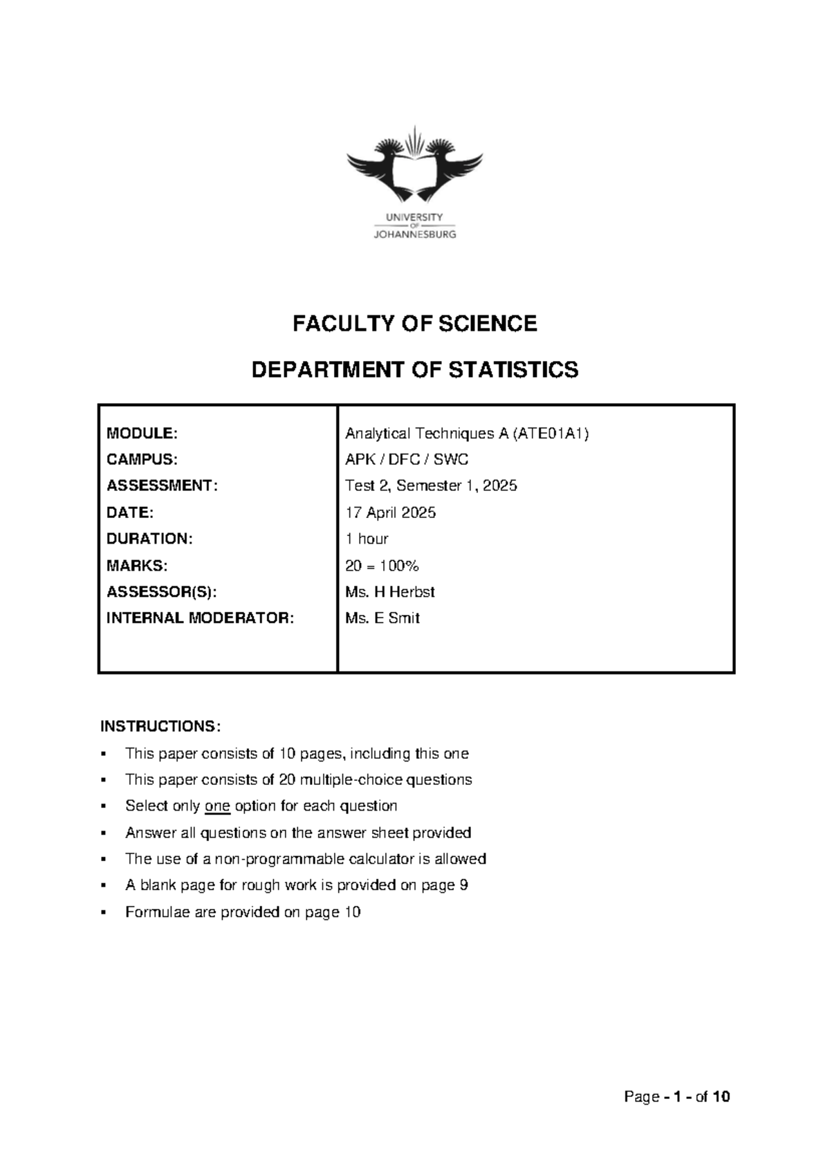 ANALYTICAL TECHNIQUES A (ATE01A1) Test 2 - Semester 1, 2025 - Studocu