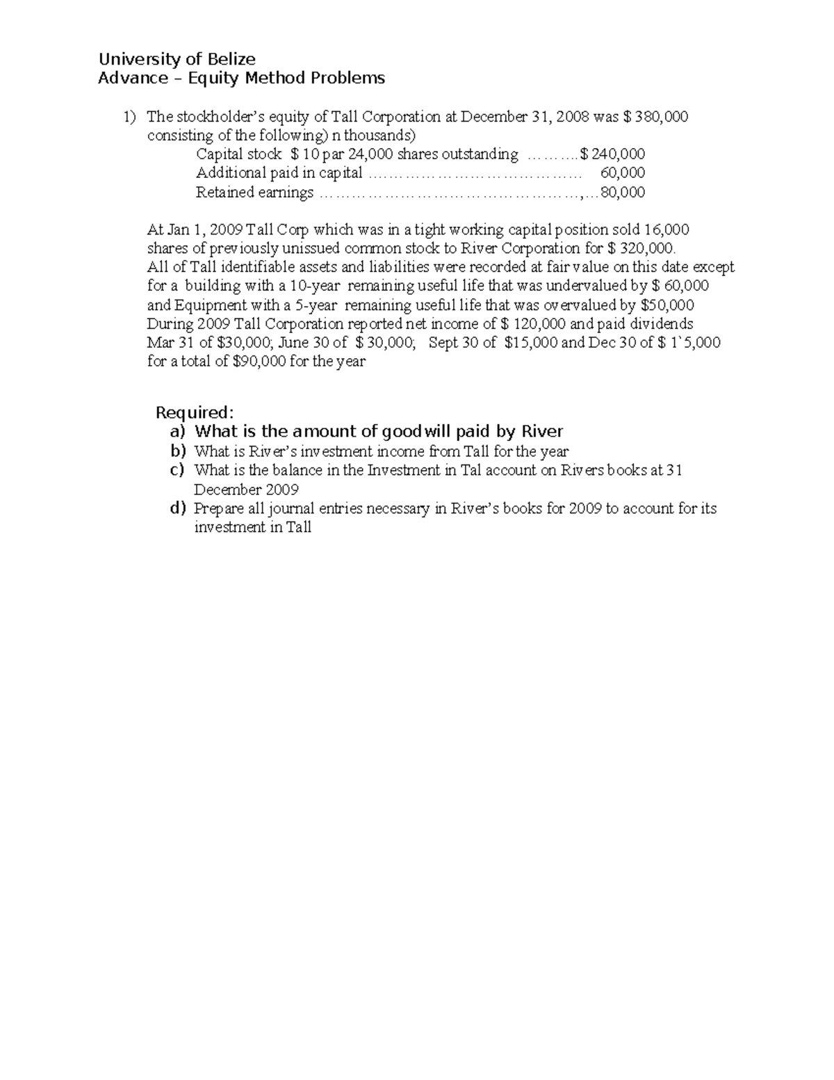 UB Final Exam: Advance Equity Method Investment Problems - Studocu