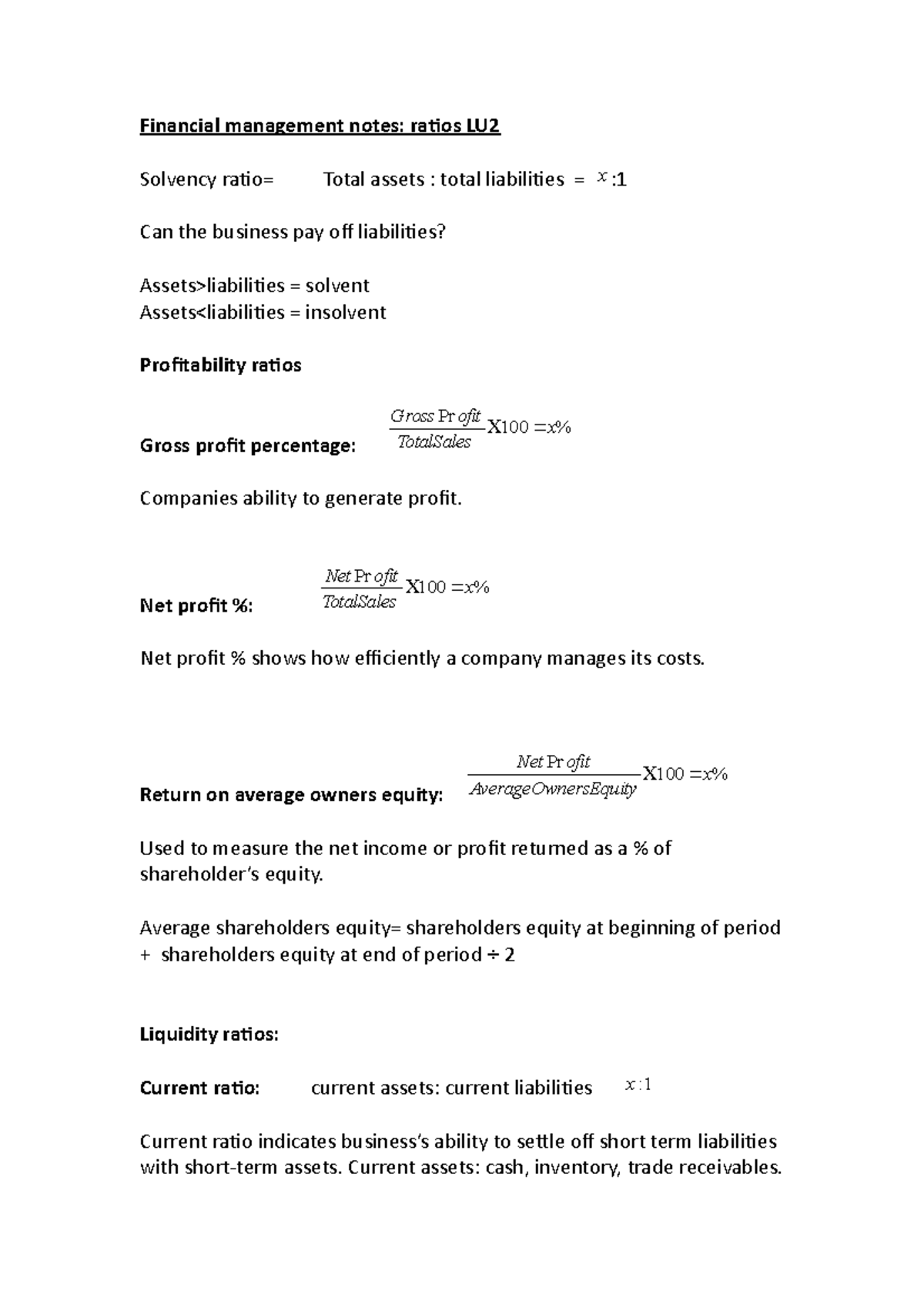 FINM6211 Financial Management Ratios and Notes for LU - Studocu
