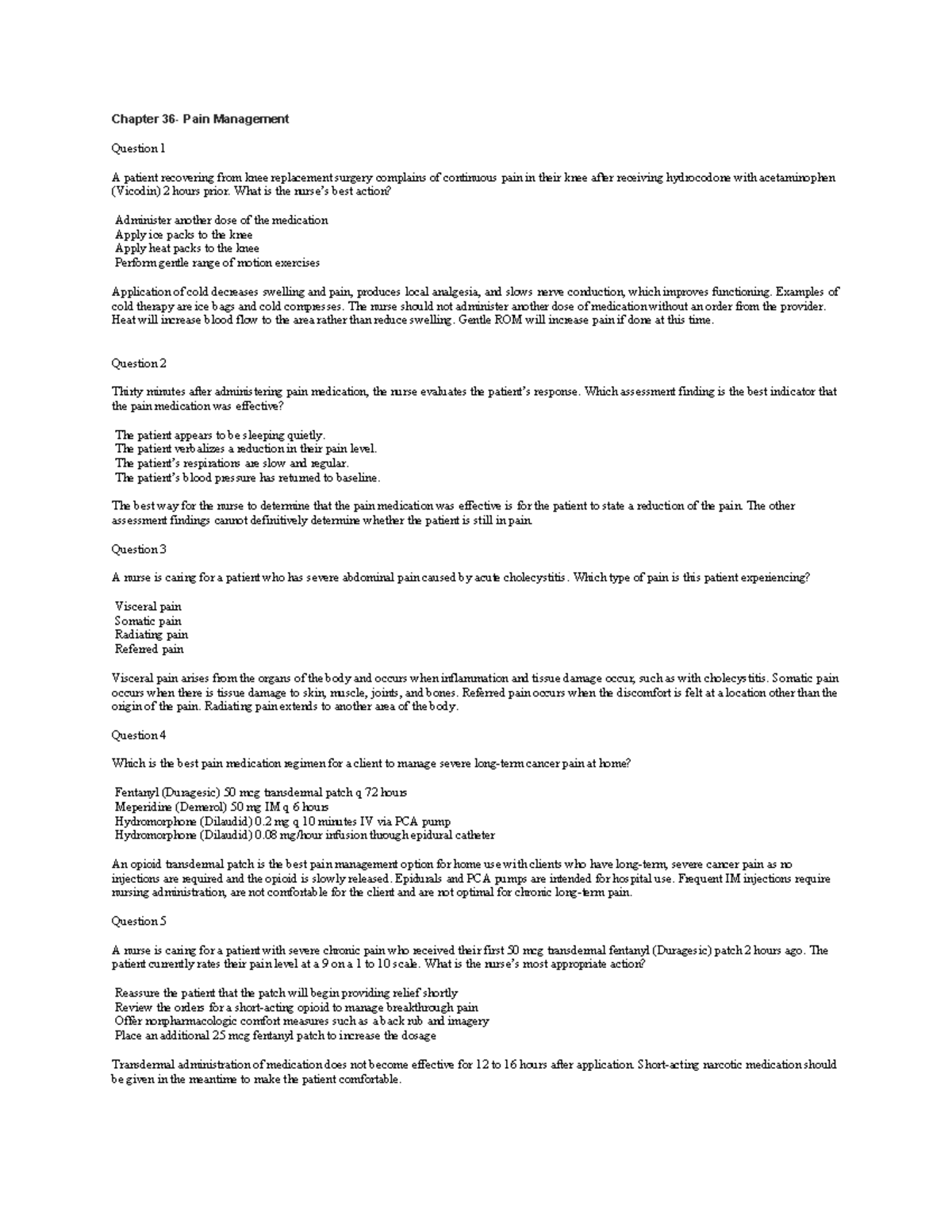 Chapter 36: Pain Management - Key Questions and Answers - Studocu