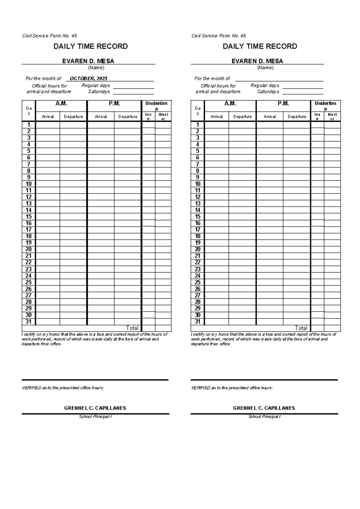 Civil Service Form No. 48: Daily Time Record for October 2025 - Studocu