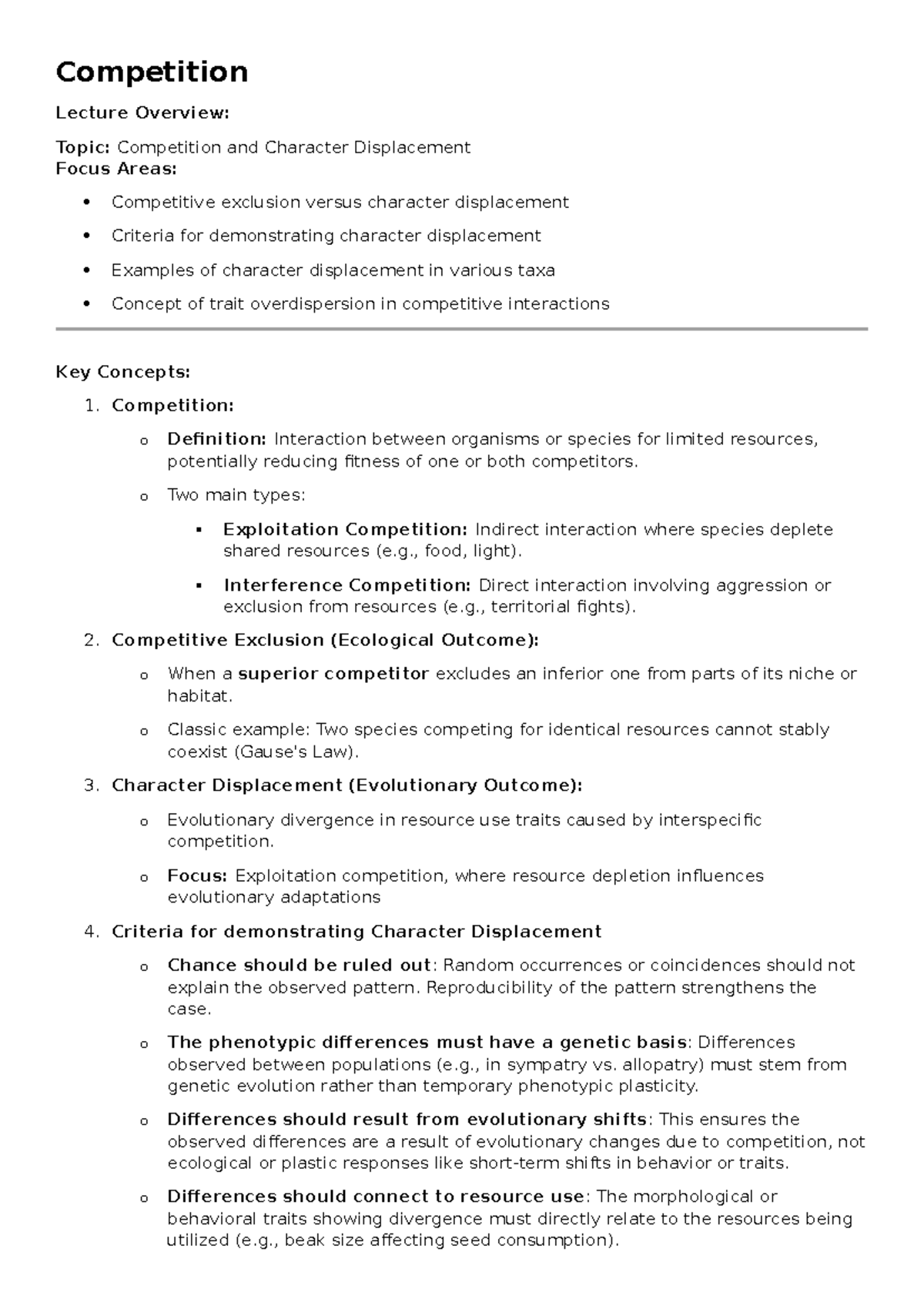 Competition Lecture Overview: Character Displacement and Key Concepts ...