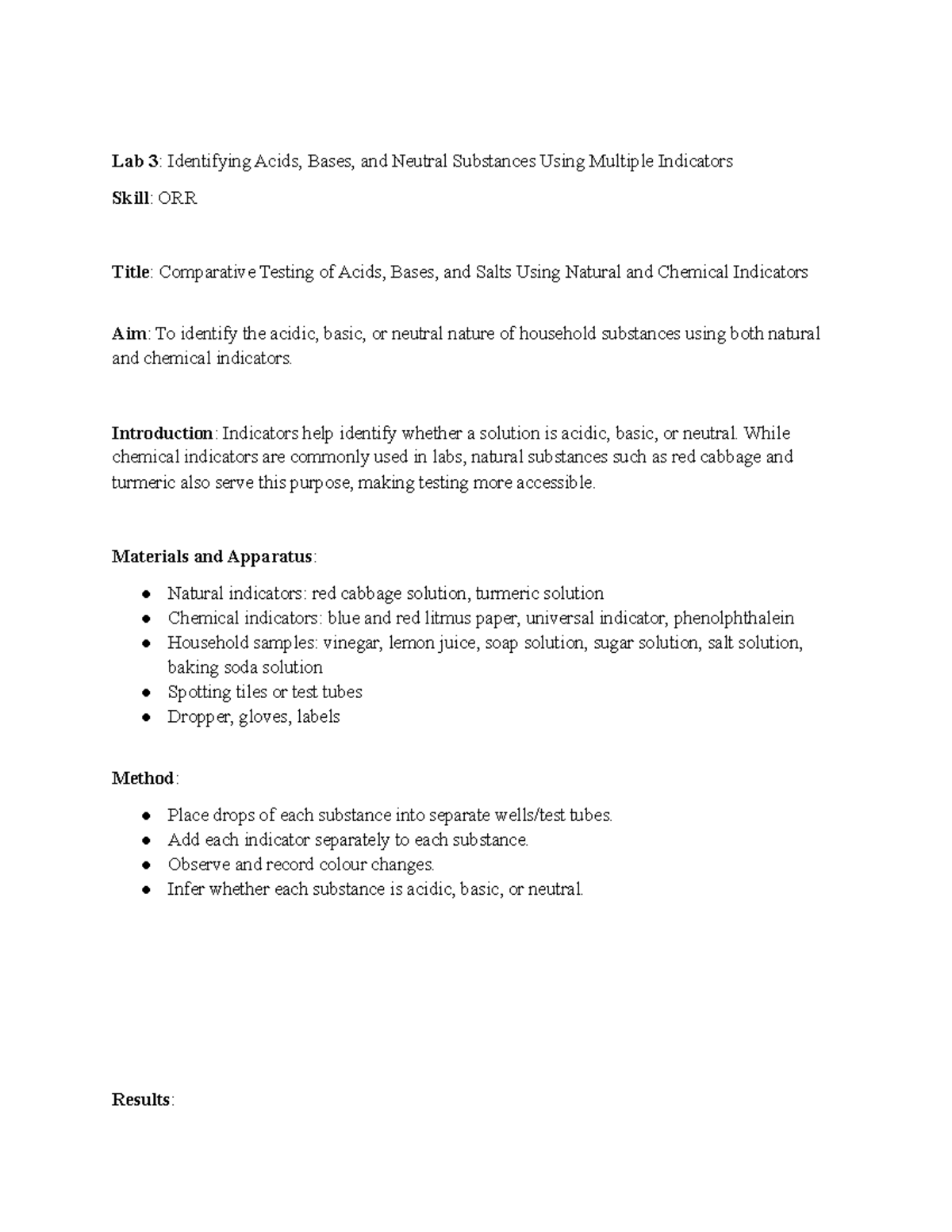 Lab 3: Comparative Testing of Acids, Bases, and Salts Using Indicators ...