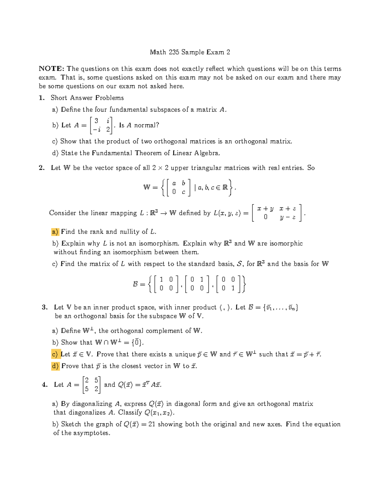Math 235 Final Exam Sample - Questions and Solutions (2018) - Studocu