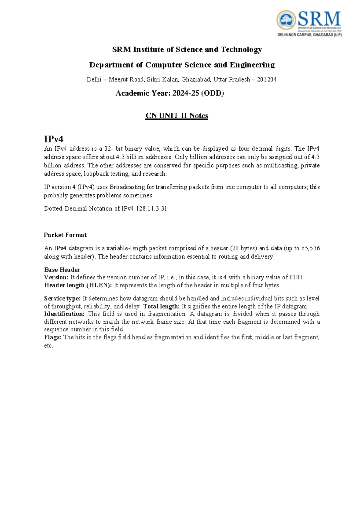 Unit II CN Notes: Understanding IPv4 Addressing and Network Devices ...