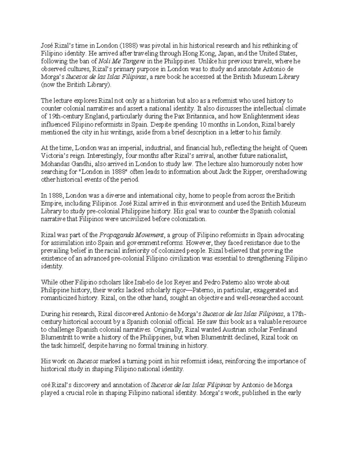 José Rizal: Lecture on His London Research & Filipino Identity - Studocu