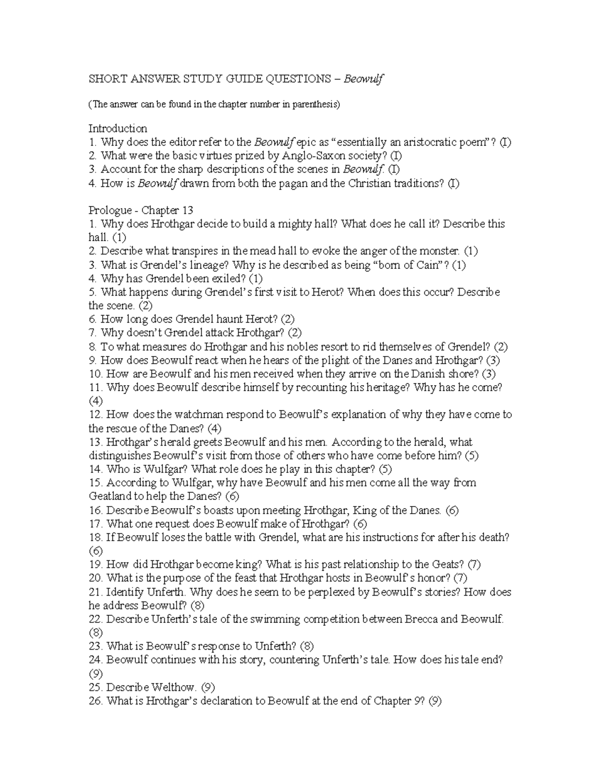 Beowulf Study Guide: Short Answer Questions (ENG 101) - Studocu