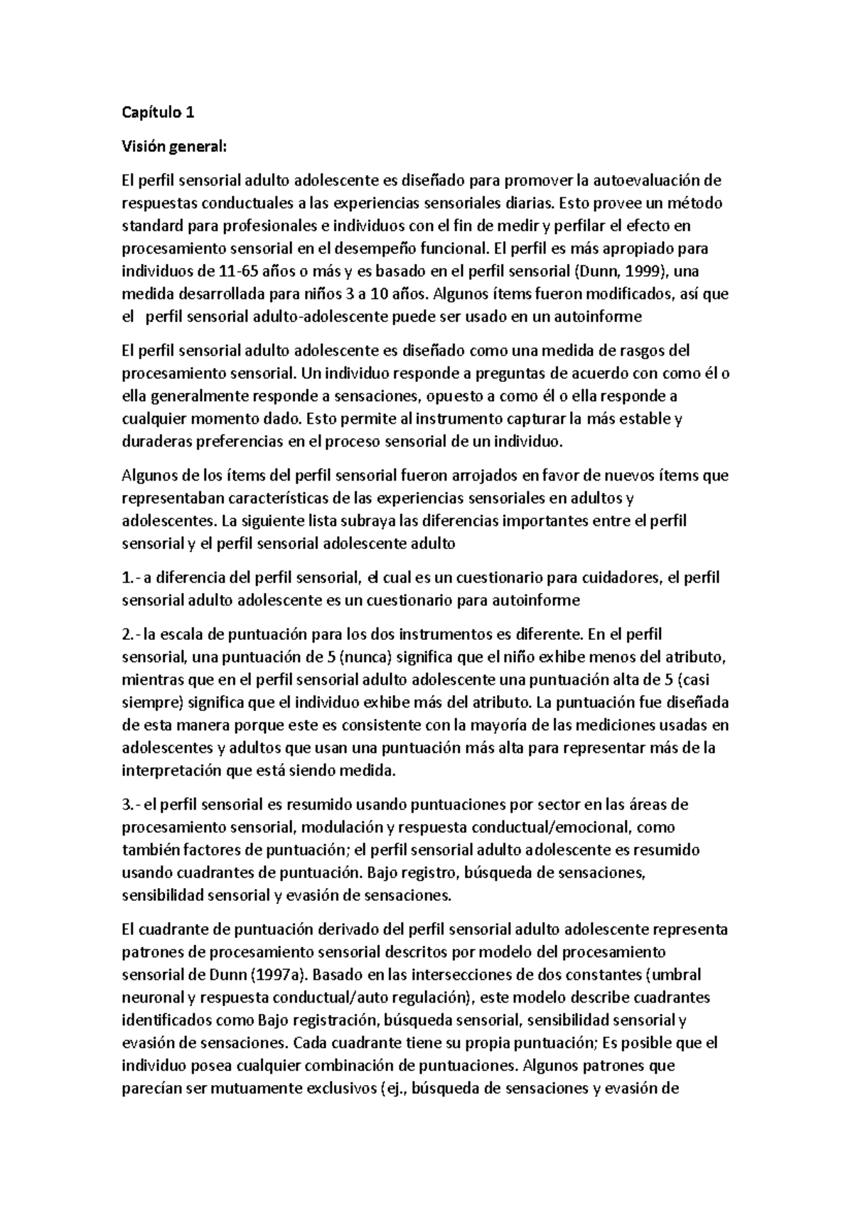 Manual del Perfil Sensorial Adolescente-Adulto: Capítulo 1 y 2 - Document Preview