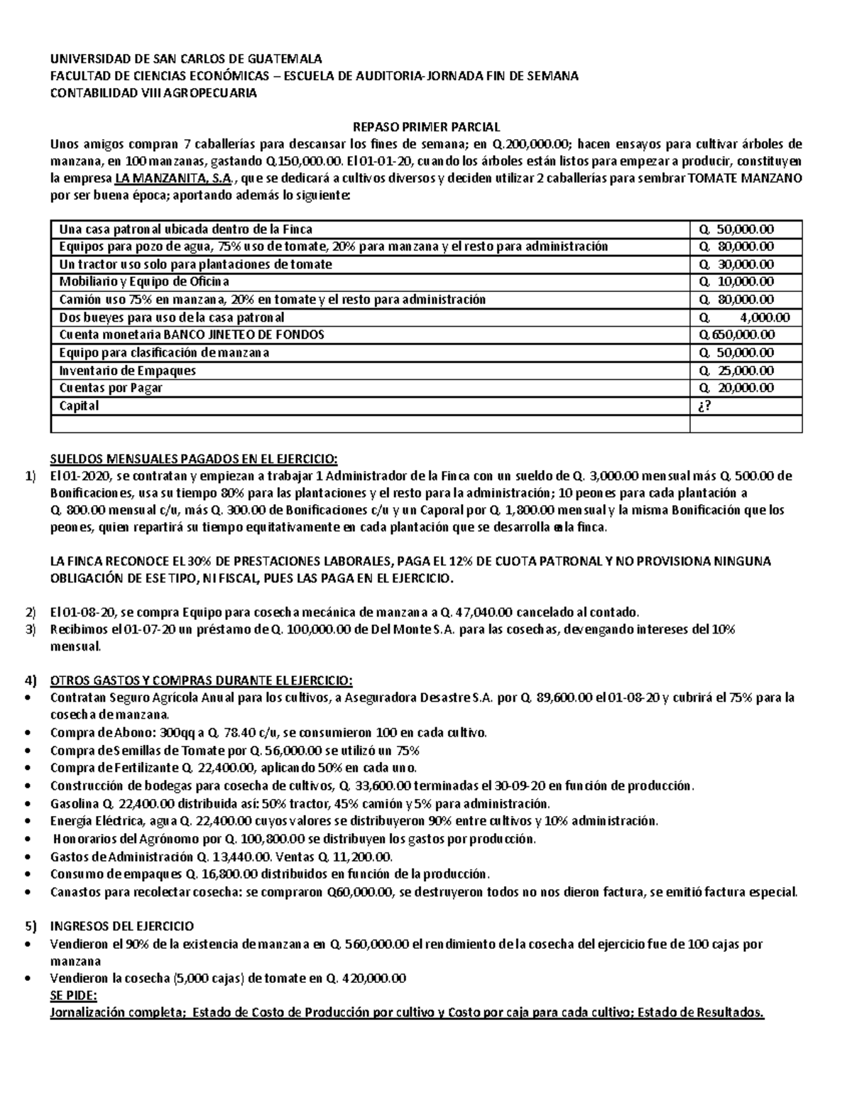 Repaso Primer Parcial CONTABILIDAD VIII: Análisis de Cultivos y Costos ...