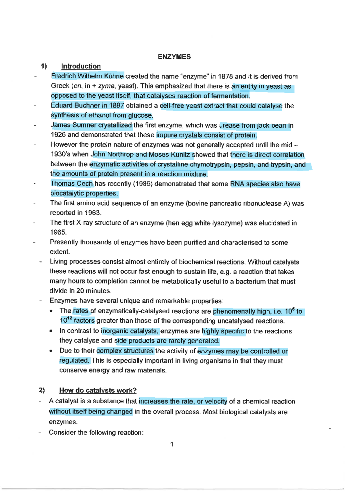 Enzymes: Comprehensive Study Notes for BIO 101 - Studocu