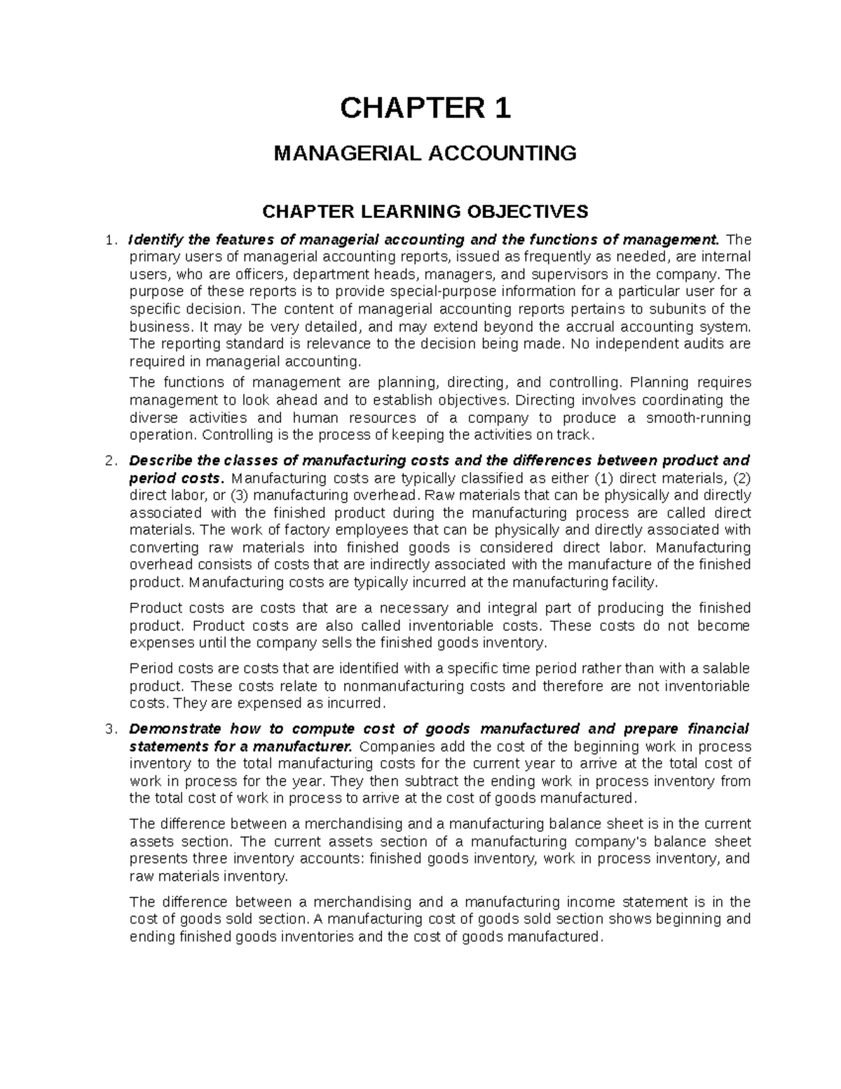Test Bank for Managerial Accounting (9th Ed.) - Chapter 1 Overview and ...