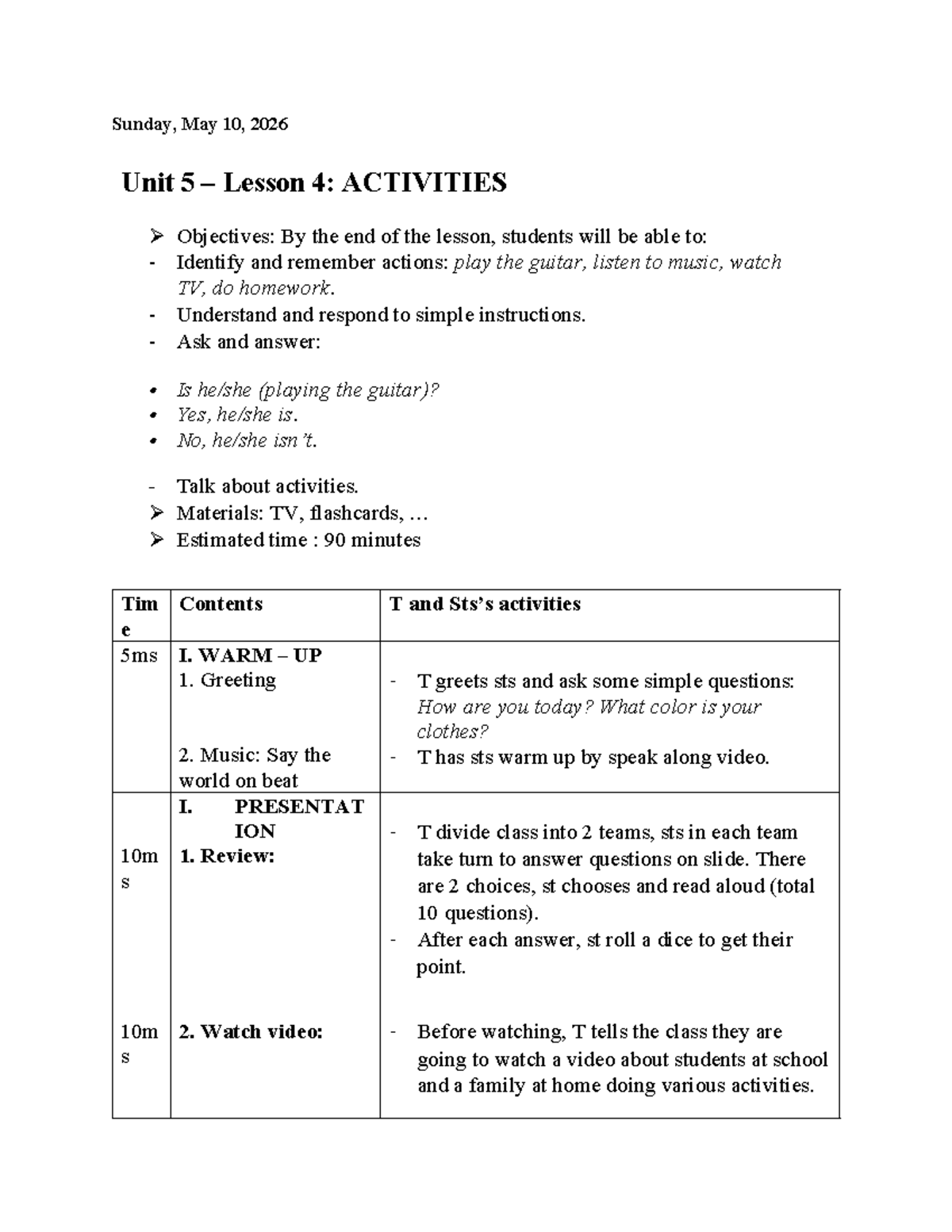 Up 2 Unit 5 Lesson 4: Activities and Objectives Overview - Studocu