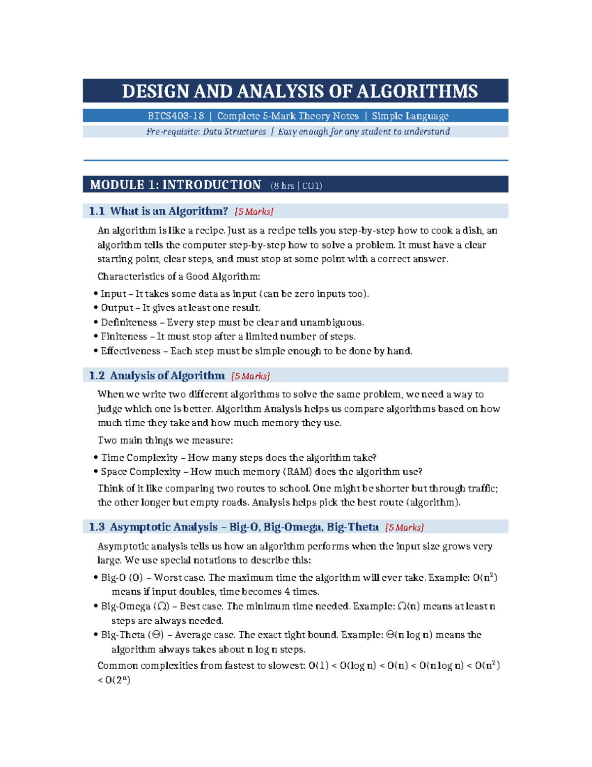 DAA Complete Notes: Design & Analysis of Algorithms (Modules 1-4) - Studocu