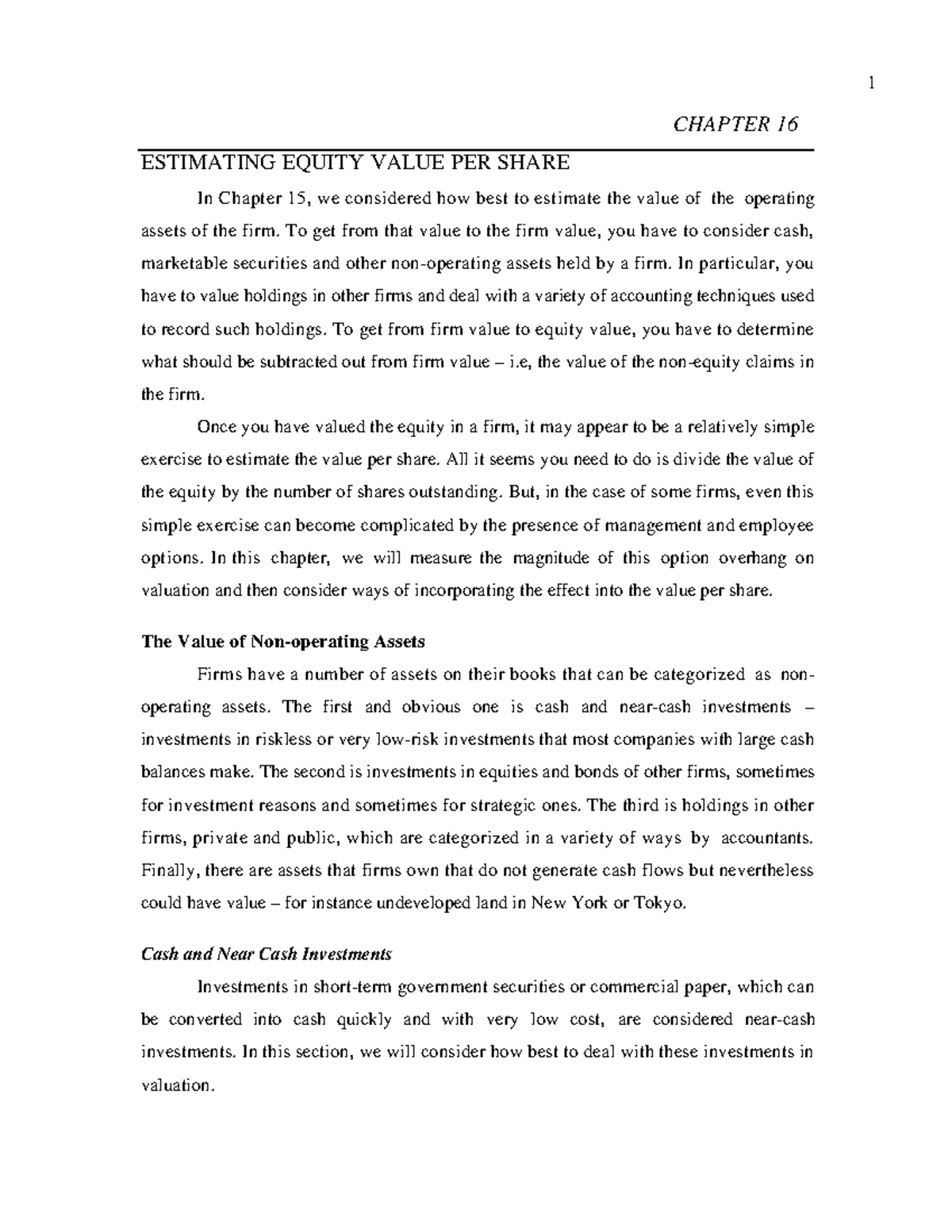 Ch16 - sad - CHAPTER 16 ESTIMATING EQUITY VALUE PER SHARE In Chapter 15 ...