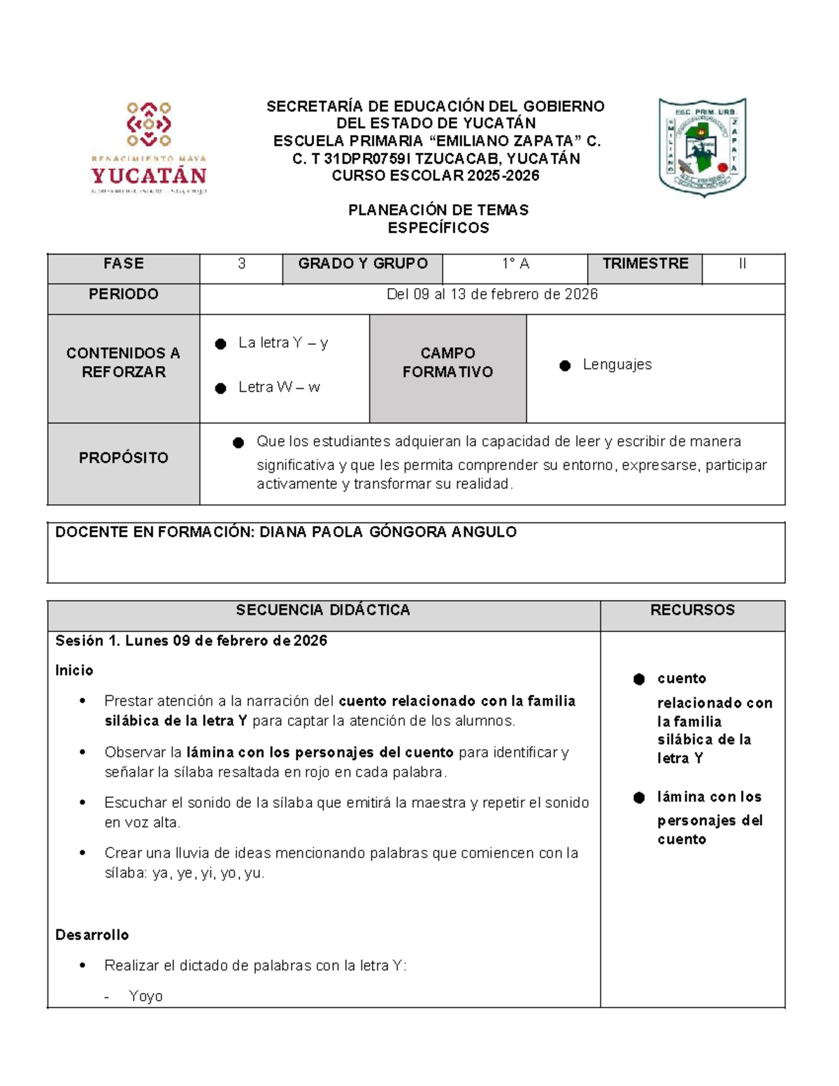 Planeación Didáctica: Semana 1 - Letras Y y W (Febrero 2026) - Document Preview