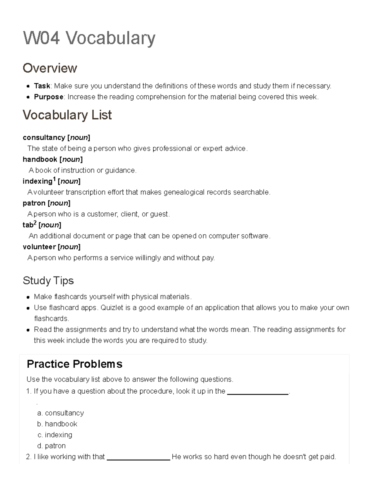 W04 Vocabulary Overview - BYU PW FHGEN110 Study Guide - Studocu