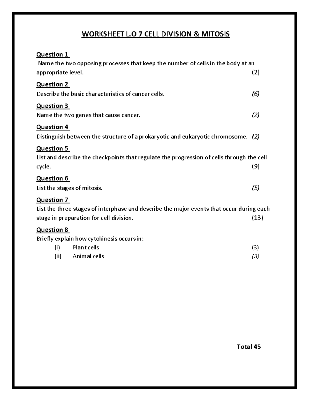 BLGY1513 Worksheet 7: Cell Division & Mitosis Study Guide - Studocu