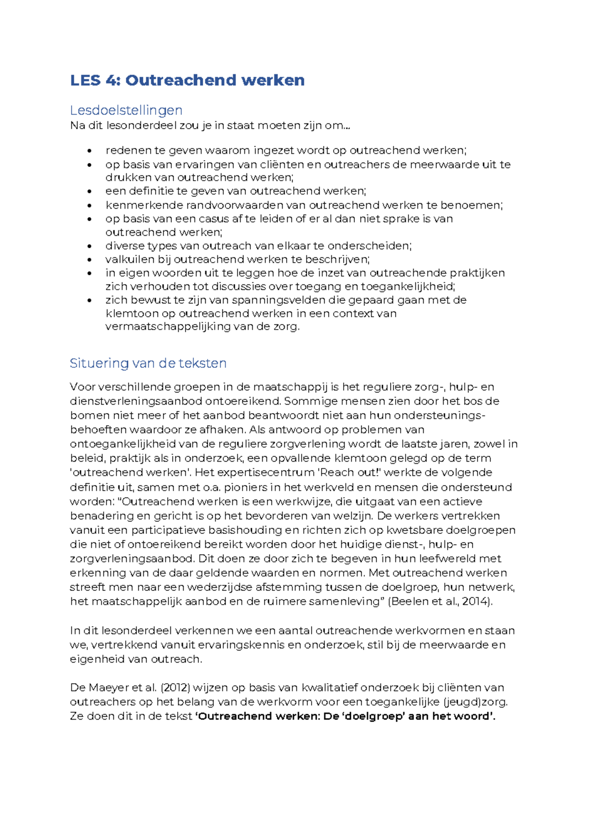 Korte inhoud en situering teksten - LES 4 : Outreachend werken ...