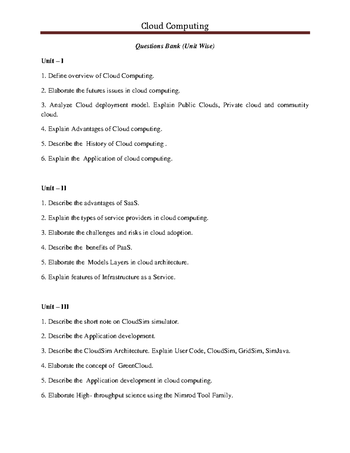 Cloud Computing Que Bank - Cloud Computing Questions Bank (Unit Wise ...