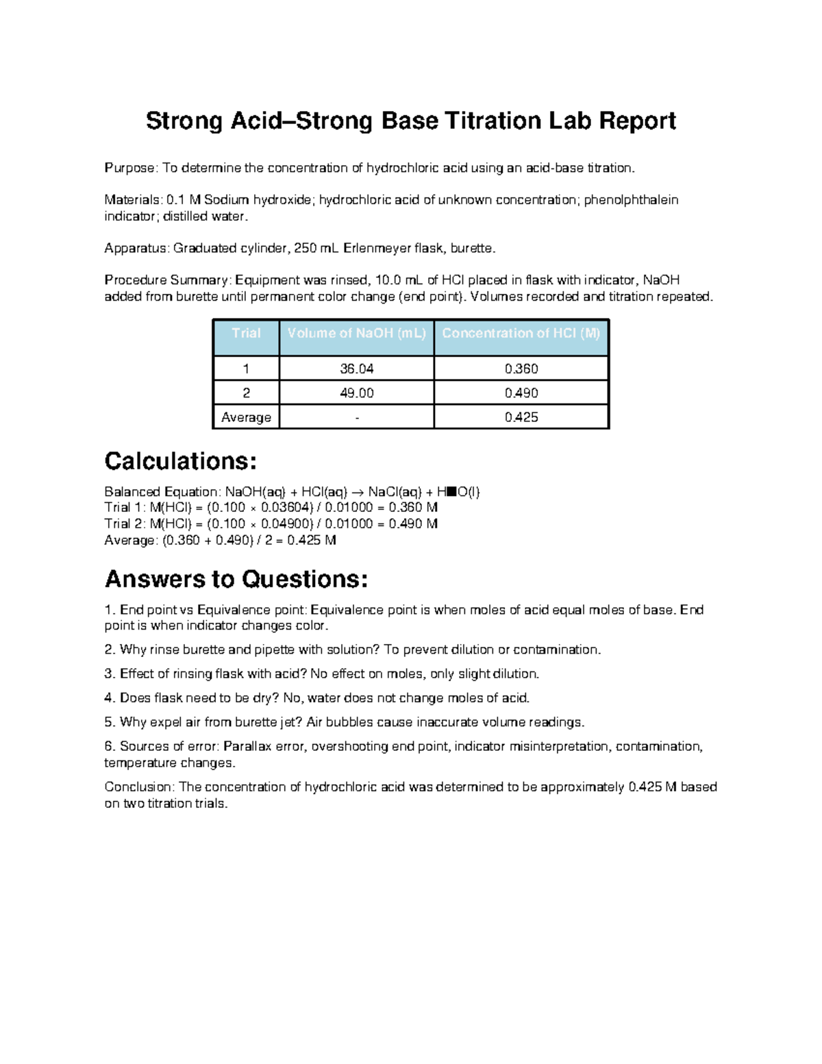 Strong Base Titration Lab Report: HCl Concentration Analysis - Studocu